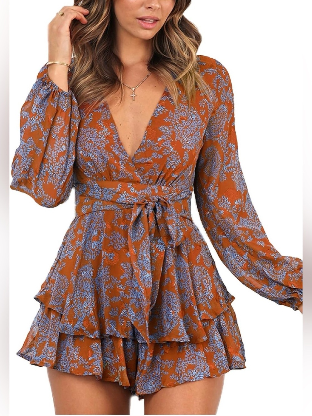 🆕 Cute Rust/Burnt Orange Floral V-neck Long Sleeve Tiered Ruffle Swing Romper L